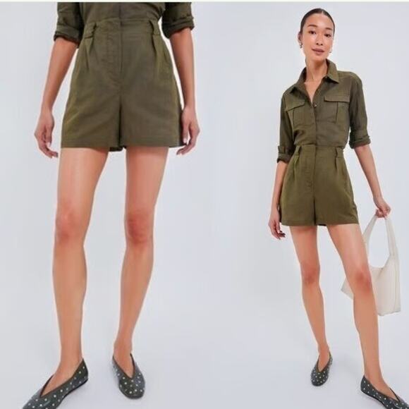 NEW Tuckernuck Army Green Safari Shorts Linen High Waist Pleated Size Small $148 - Picture 1 of 6